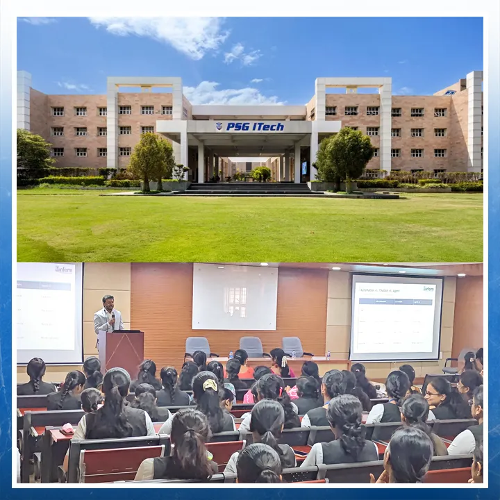 Winfomi AI training session at PSG Institute of Technology and Applied Research, featuring an expert delivering a technology workshop to engineering students